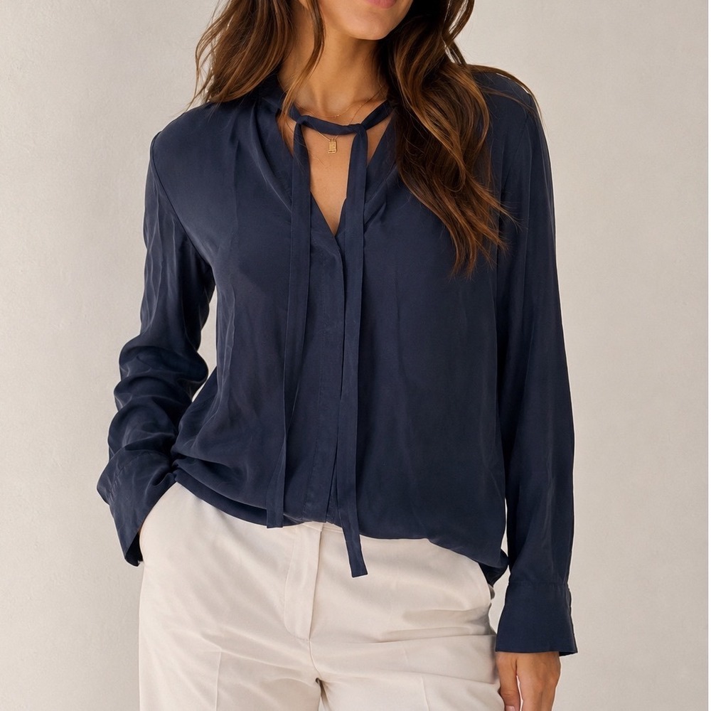 Antonio Melani Navy Blue 100% Silk Tie Neck Blouse Long‎ Sleeve Top XS cc